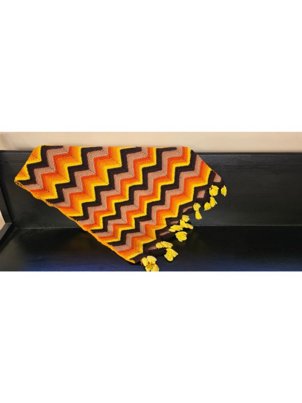 Vintage Retro Handmade Crochet Throw Afghan Blanket Orange Yellow Brown Chevron